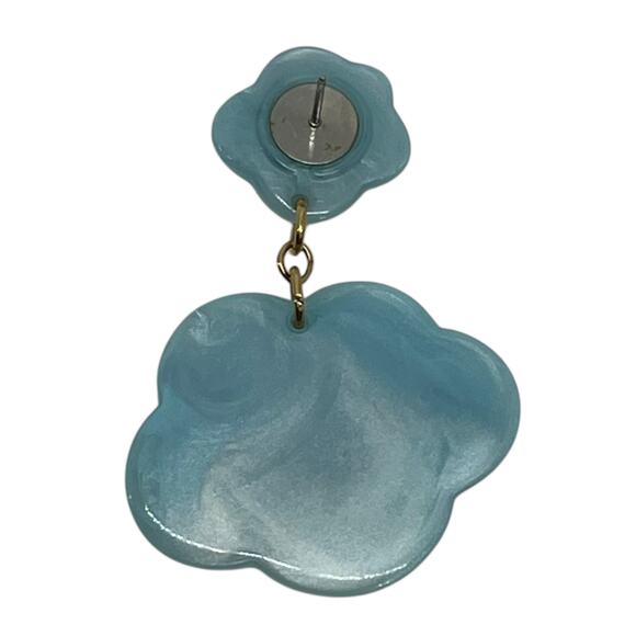 Vtg Aqua Blue Flower Drop Earring Post Back Gold Tone Marbled Acrylic Statement - Picture 8 of 8